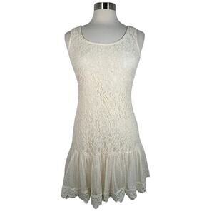A'reve Women's Floral Lace Mini Tunic Dress M Ivory Sleeveless Ruffle Hem Boho